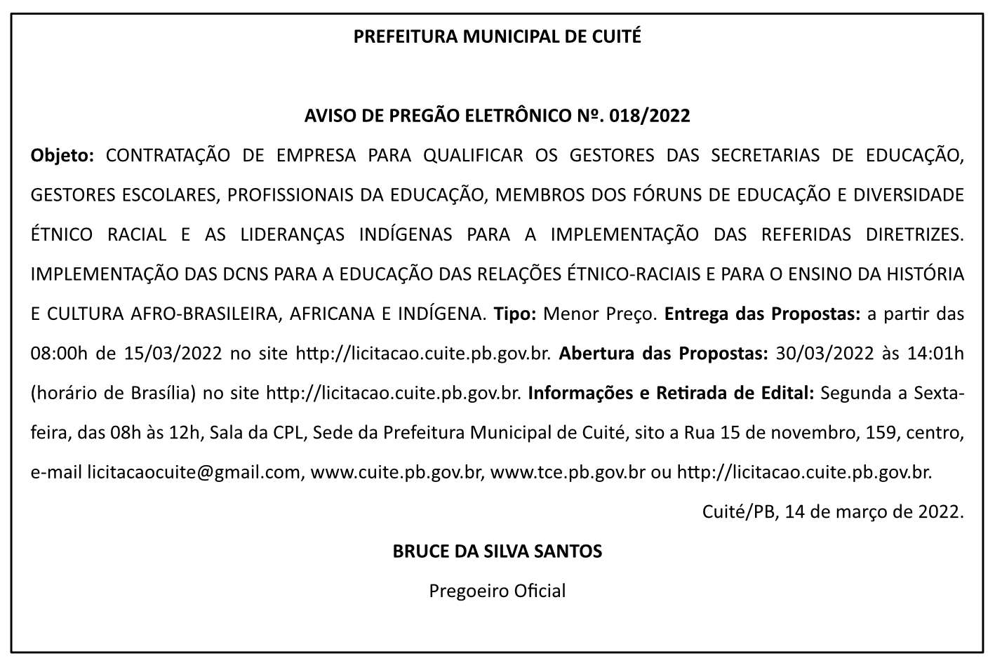 PREFEITURA MUNICIPAL DE CUITÉ – AVISO DE PREGÃO ELETRÔNICO Nº 018/2022