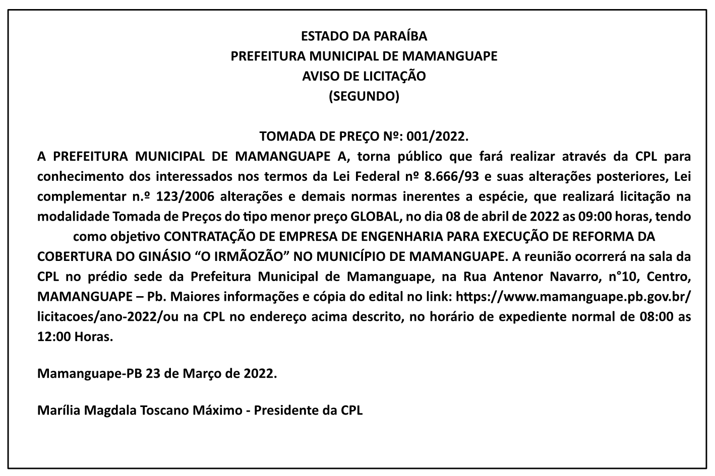PREFEITURA MUNICIPAL DE MAMANGUAPE – AVISO DE LICITAÇÃO (SEGUNDO) – TOMADA DE PREÇO Nº: 001/2022.