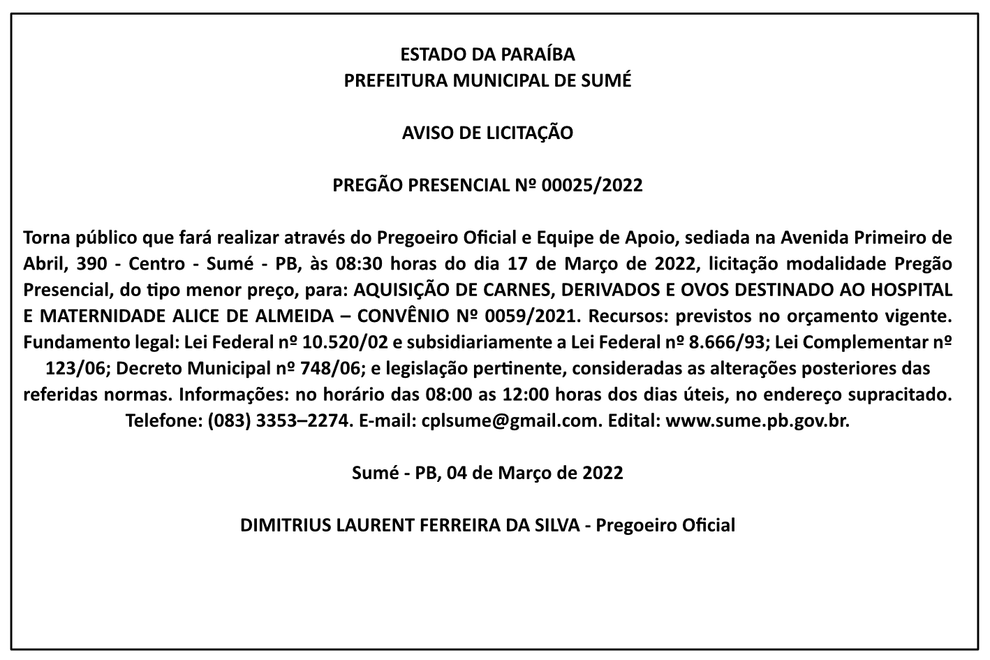 PREFEITURA MUNICIPAL DE SUMÉ – AVISO DE LICITAÇÃO – PREGÃO PRESENCIAL Nº 00025/2022