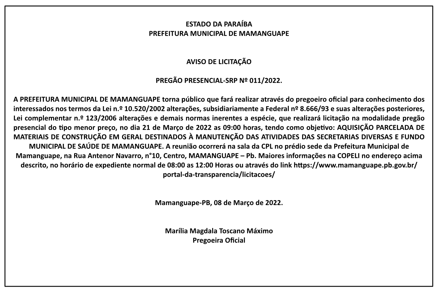 PREFEITURA MUNICIPAL DE MAMANGUAPE – AVISO DE LICITAÇÃO – PREGÃO PRESENCIAL-SRP Nº 011/2022