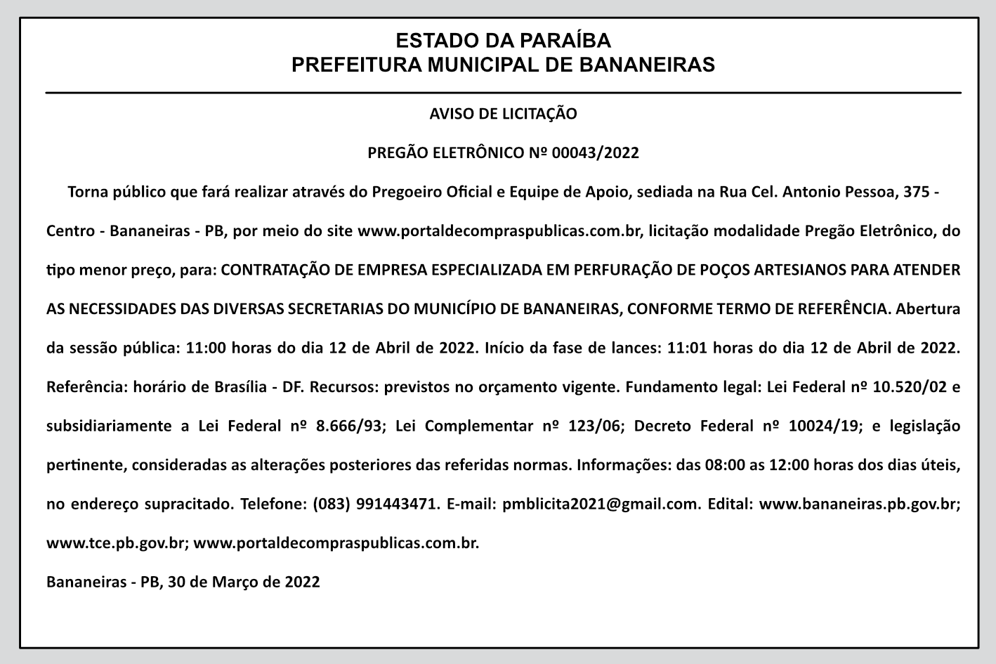 PREFEITURA MUNICIPAL DE BANANEIRAS – AVISO DE LICITAÇÃO – PREGÃO ELETRÔNICO Nº 00042/2022