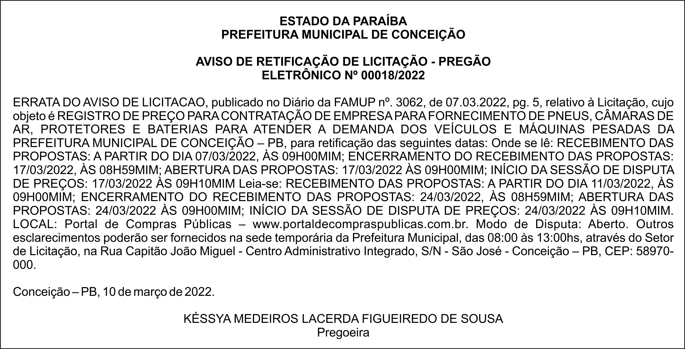 PREFEITURA MUNICIPAL DE CONCEIÇÃO – AVISO DE RETIFICAÇÃO DE LICITAÇÃO – PREGÃO ELETRÔNICO Nº 00018/2022