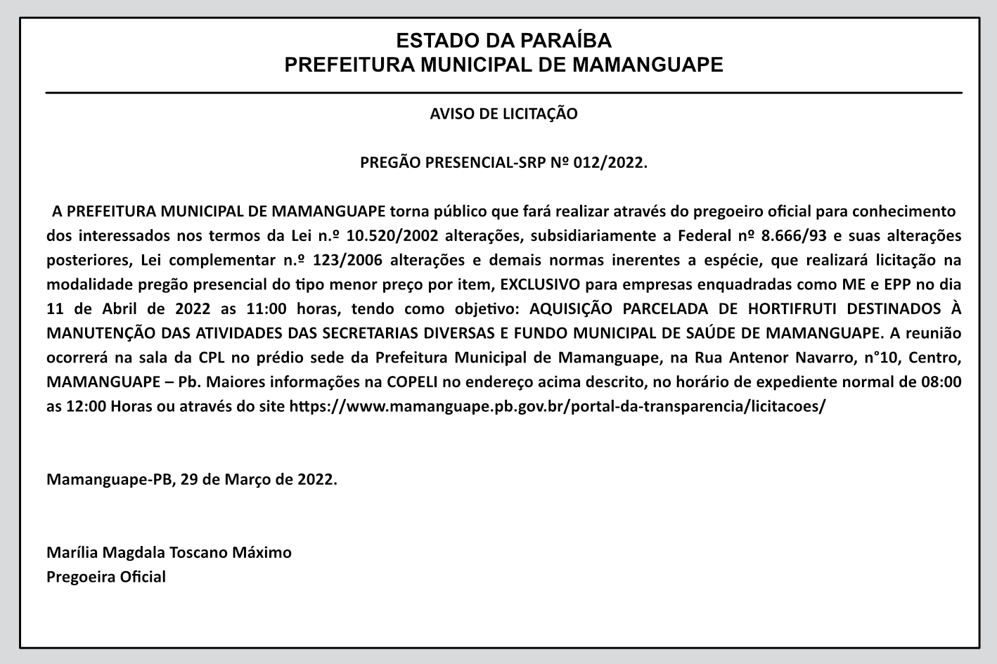 PREFEITURA MUNICIPAL DE MAMANGUAPE – AVISO DE LICITAÇÃO -PREGÃO PRESENCIAL-SRP Nº 012/2022.