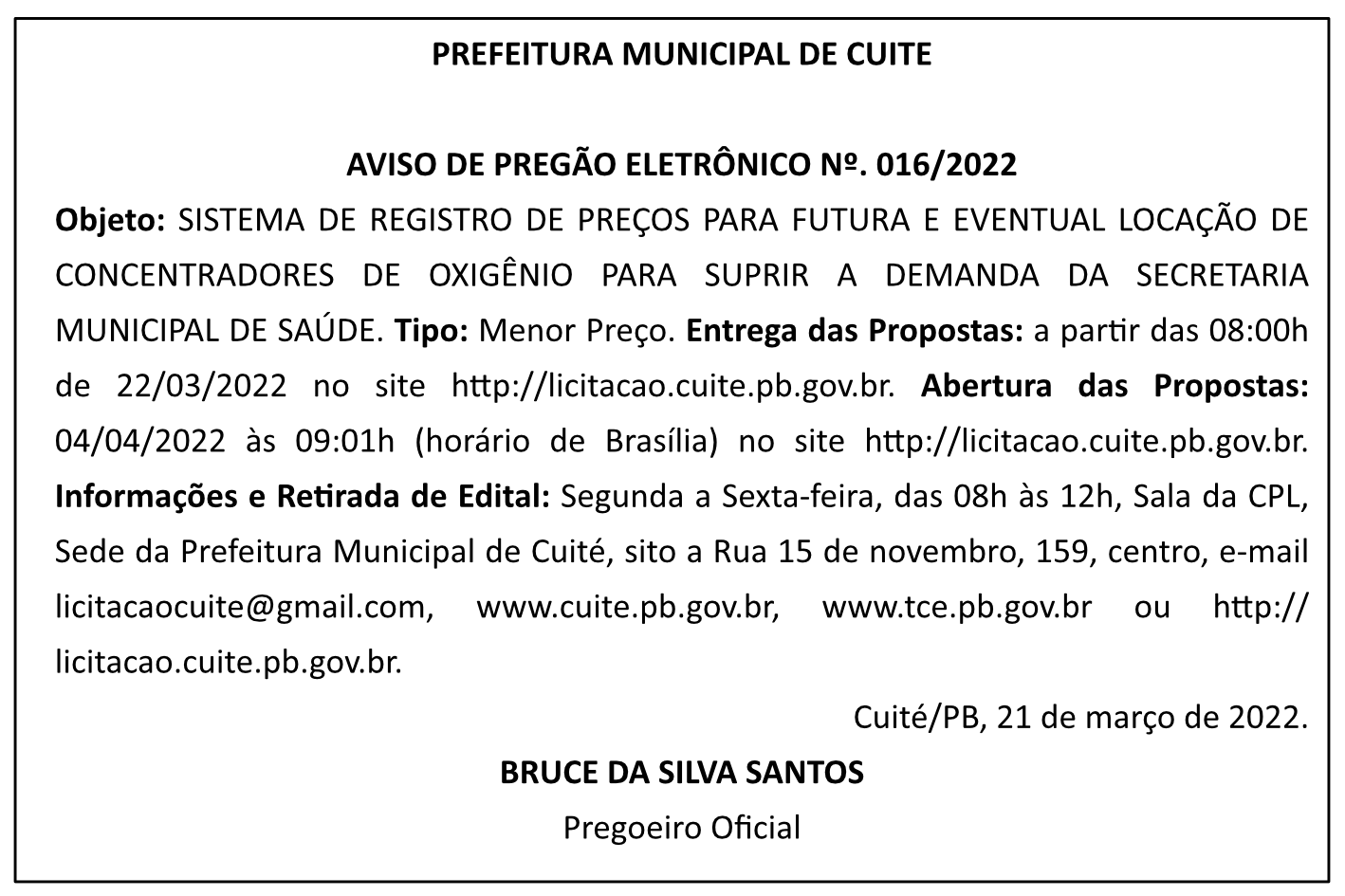 PREFEITURA MUNICIPAL DE CUITE – AVISO DE PREGÃO ELETRÔNICO Nº 016/2022