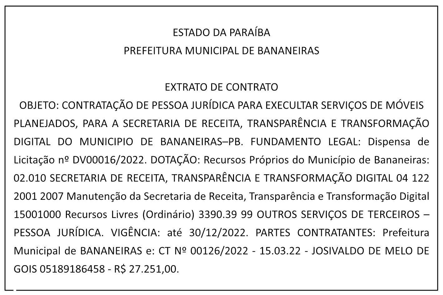 PREFEITURA MUNICIPAL DE BANANEIRAS – EXTRATO DE CONTRATO