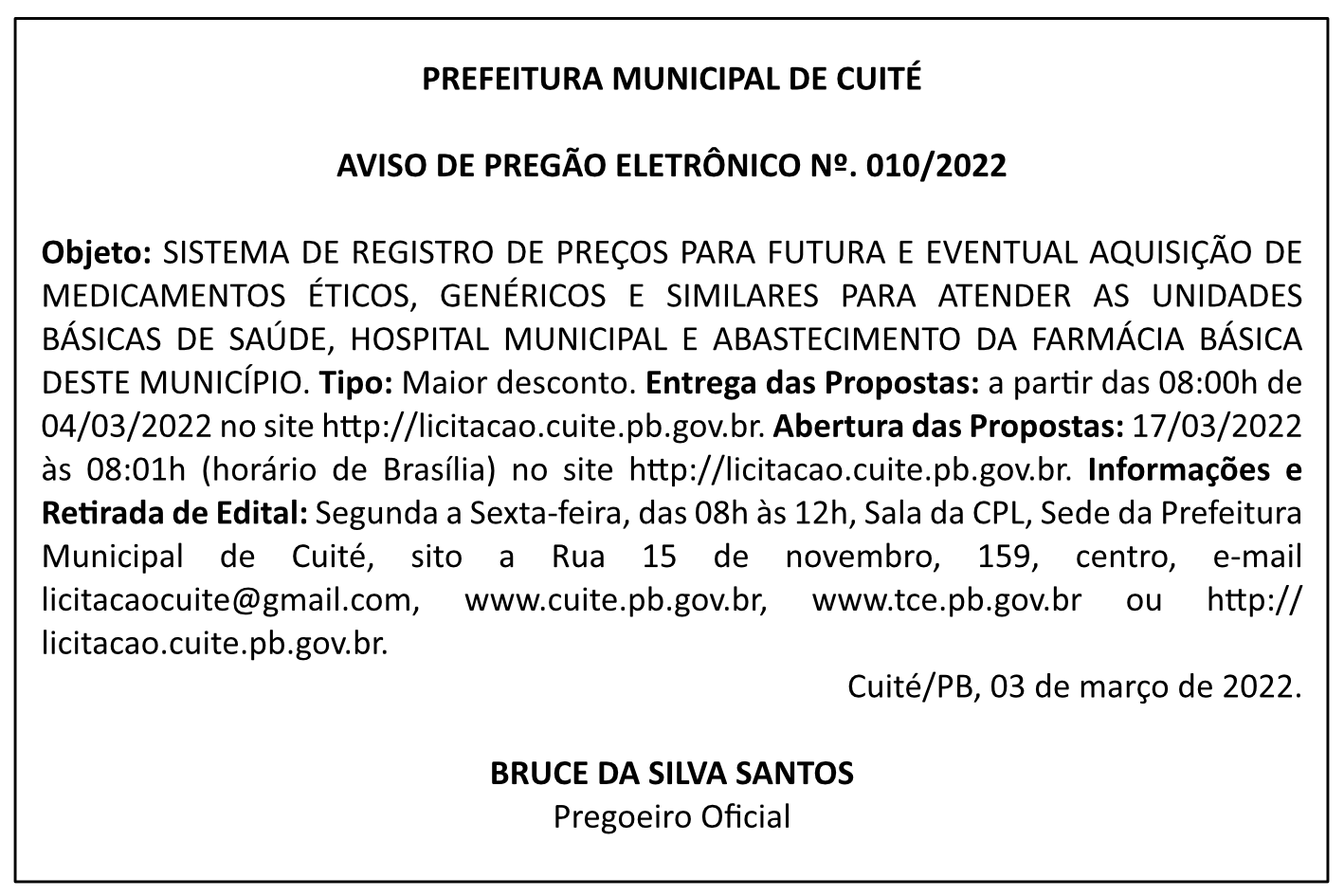 PREFEITURA MUNICIPAL DE CUITÉ – AVISO DE PREGÃO ELETRÔNICO Nº 010/2022