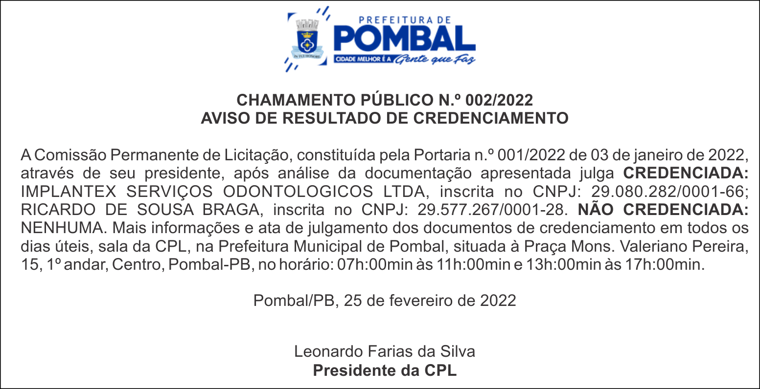 PREFEITURA MUNICIPAL DE POMBAL – CHAMAMENTO PÚBLICO N.º 002/2022 – AVISO DE RESULTADO DE CREDENCIAMENTO