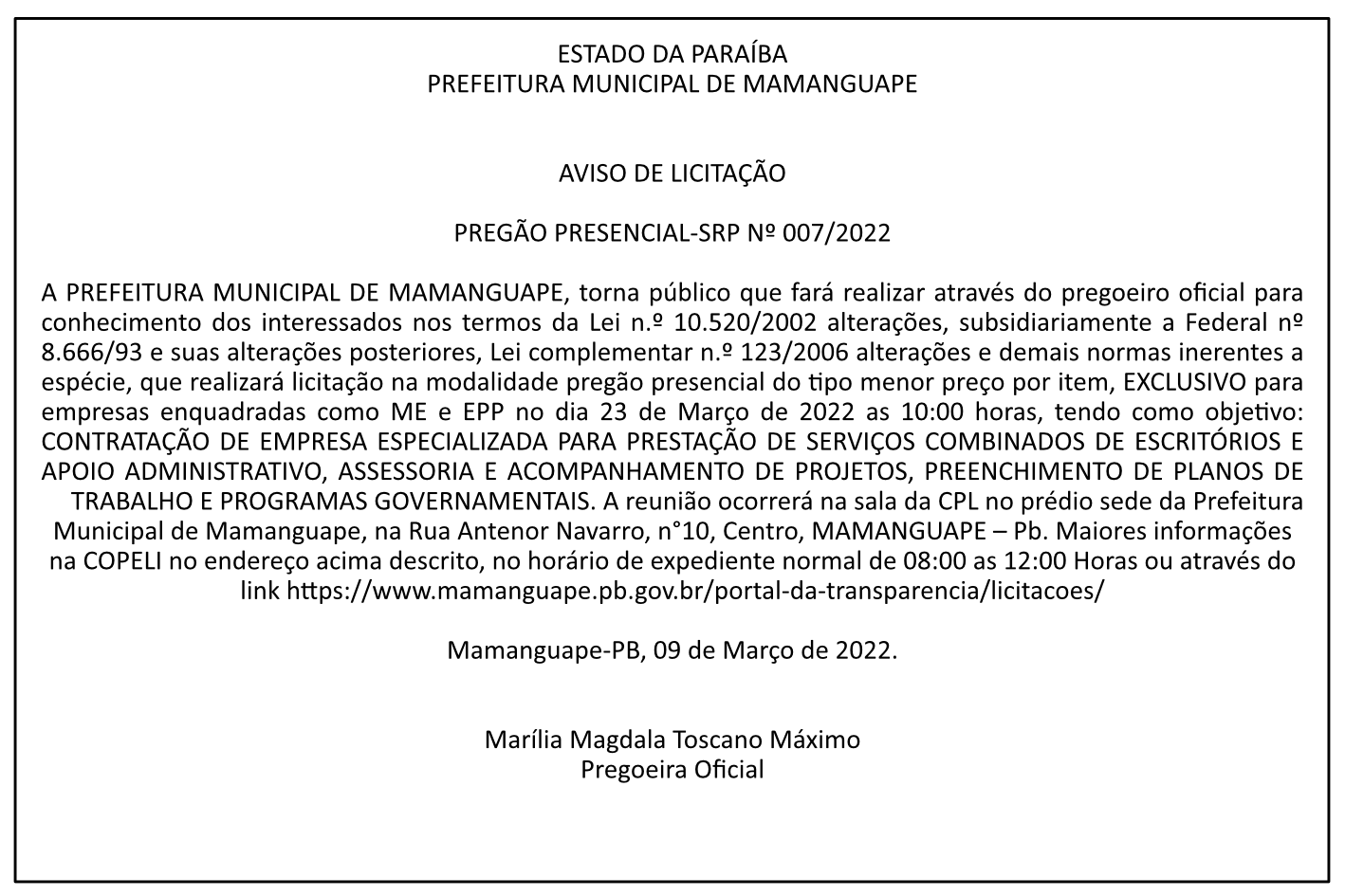 PREFEITURA MUNICIPAL DE MAMANGUAPE – AVISO DE LICITAÇÃO – PREGÃO PRESENCIAL-SRP Nº 007/2022
