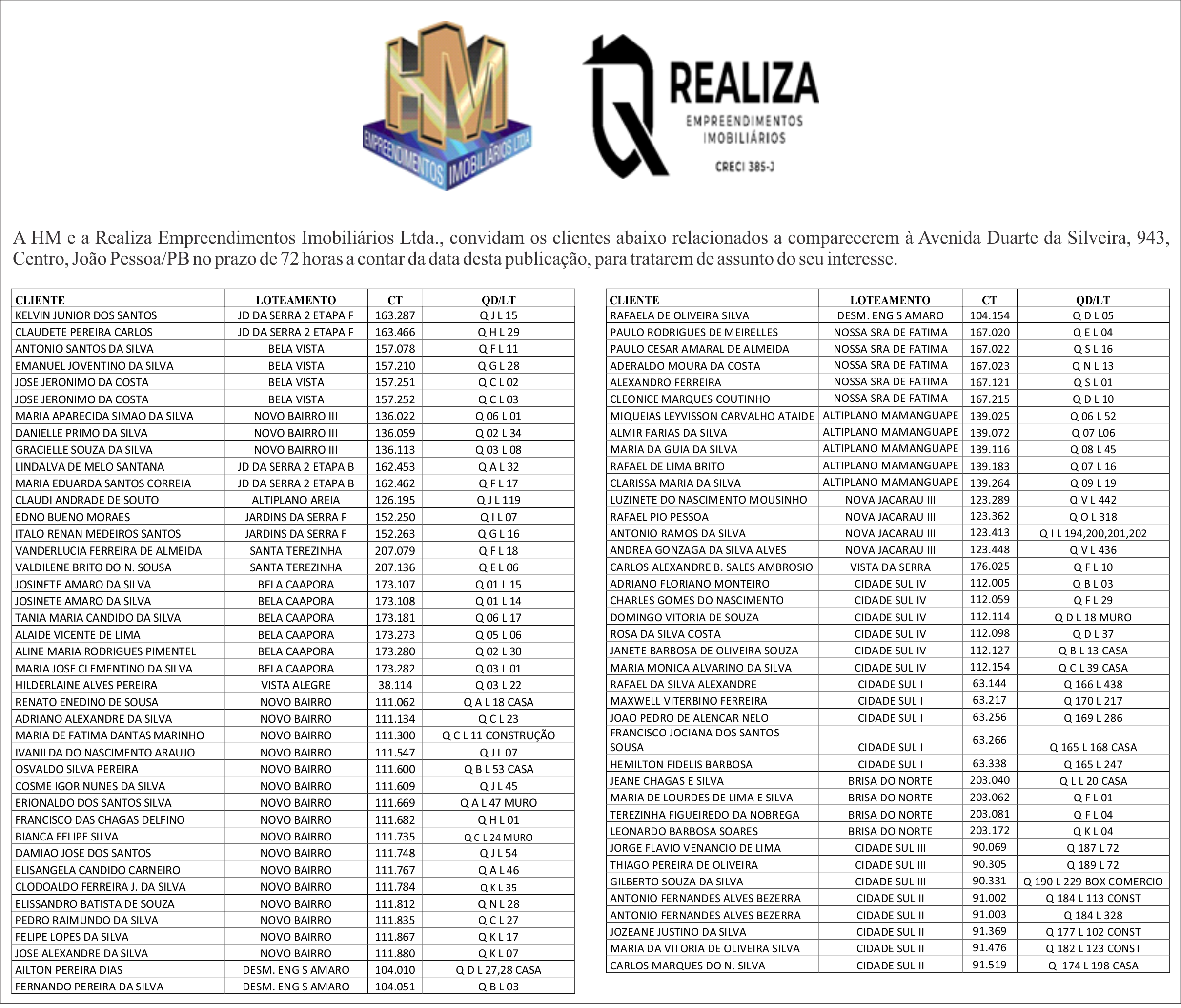 HM E A REALIZA EMPREENDIMENTOS IMOBILIÁRIOS LTDA – CONVITE AOS CLIENTES