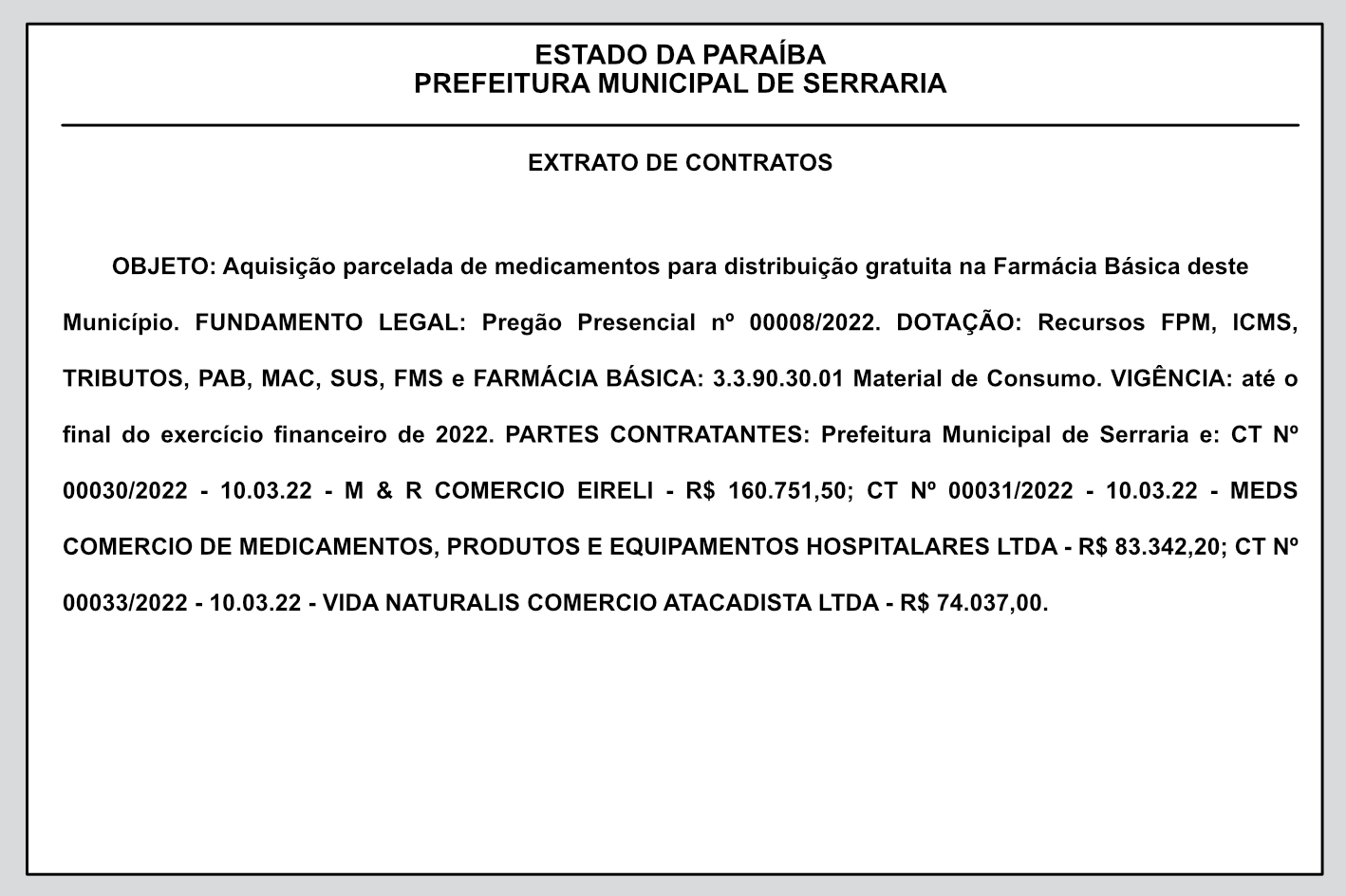 PREFEITURA MUNICIPAL DE SERRARIA – EXTRATO DE CONTRATOS