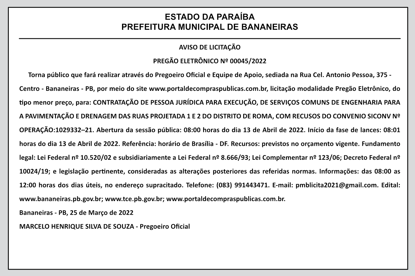 PREFEITURA MUNICIPAL DE BANANEIRAS – AVISO DE LICITAÇÃO – PREGÃO ELETRÔNICO Nº 00045/2022