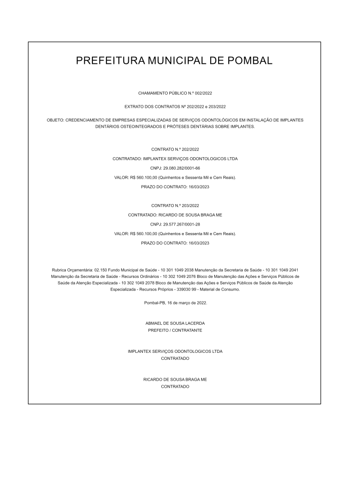 PREFEITURA DE POMBAL – CHAMAMENTO PÚBLICO Nº 002/2022 – EXTRATO DOS CONTRATOS Nº 202/2022 e 203/2022