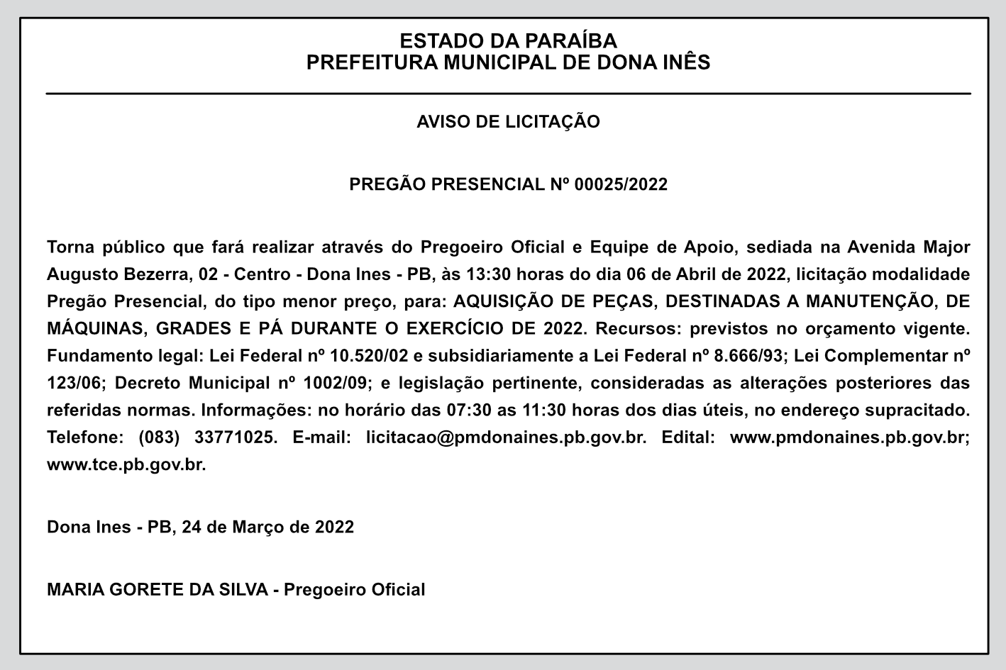 PREFEITURA MUNICIPAL DE DONA INÊS – AVISO DE LICITAÇÃO – PREGÃO PRESENCIAL Nº 00025/2022
