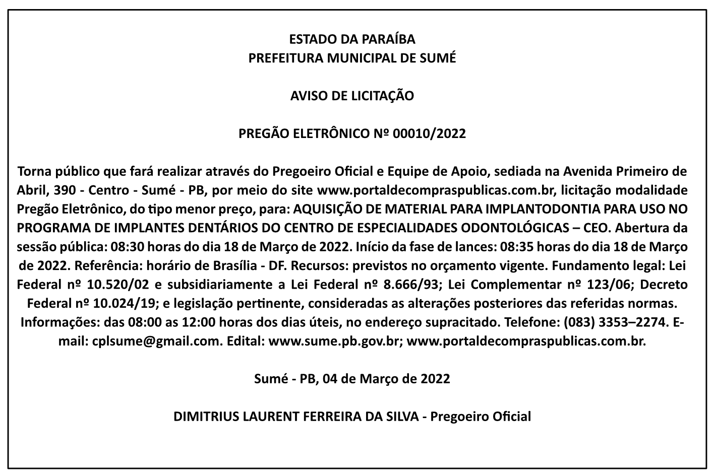 PREFEITURA MUNICIPAL DE SUMÉ – AVISO DE LICITAÇÃO – PREGÃO ELETRÔNICO Nº 00010/2022