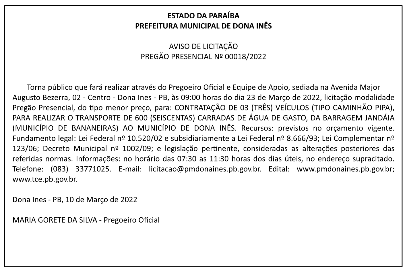 PREFEITURA MUNICIPAL DE DONA INÊS – AVISO DE LICITAÇÃO – PREGÃO PRESENCIAL Nº 00018/2022