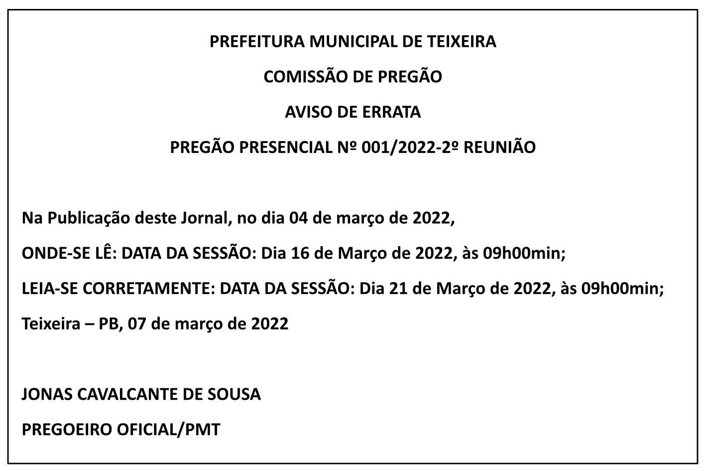 PREFEITURA MUNICIPAL DE TEIXEIRA – AVISO DE ERRATA – PREGÃO PRESENCIAL Nº 001/2022-2º REUNIÃO