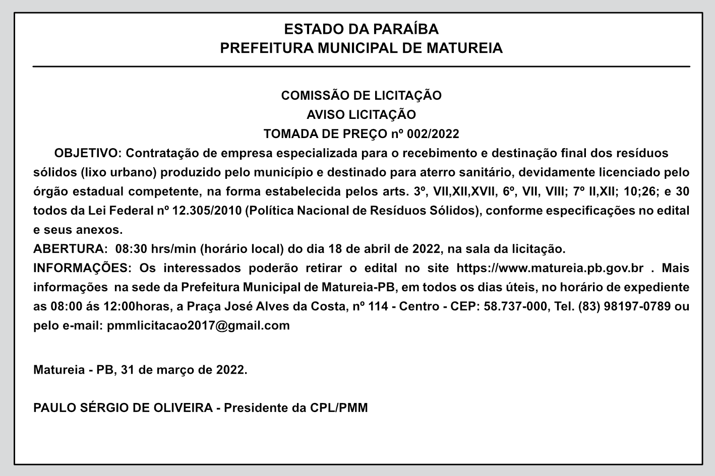 PREFEITURA MUNICIPAL DE MATUREIA – COMISSÃO DE LICITAÇÃO – AVISO LICITAÇÃO – TOMADA DE PREÇO Nº 002/2022