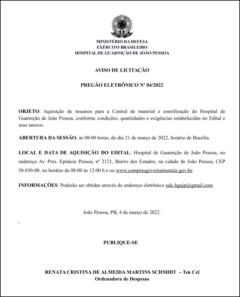 HOSPITAL DE GUARNIÇÃO DE JOÃO PESSOA – AVISO DE LICITAÇÃO – PREGÃO ELETRÔNICO Nº 04/2022