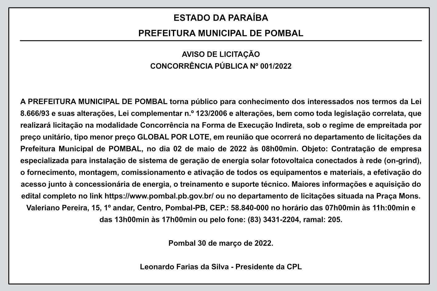 PREFEITURA MUNICIPAL DE POMBAL – AVISO DE LICITAÇÃO – CONCORRÊNCIA PÚBLICA Nº 001/2022