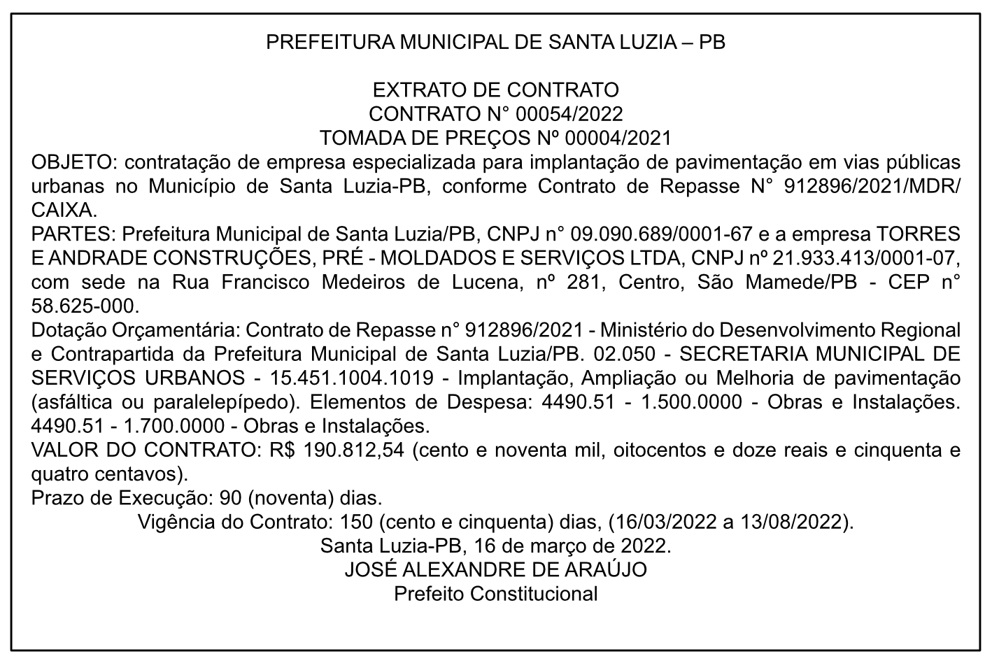 PREFEITURA MUNICIPAL DE SANTA LUZIA  –  EXTRATO DE CONTRATO – CONTRATO N° 00054/2022 – TOMADA DE PREÇOS Nº 00004/2021
