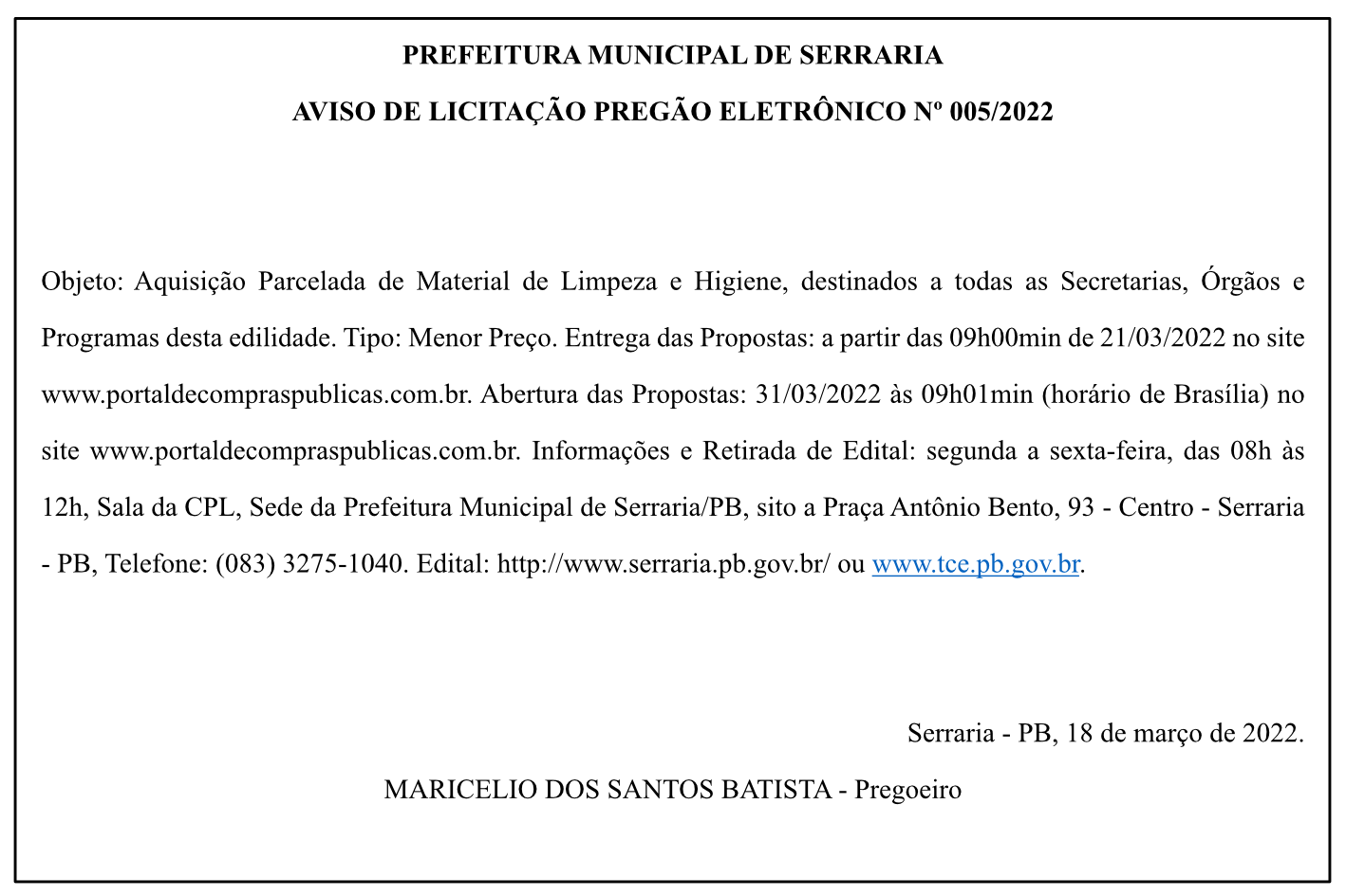 PREFEITURA MUNICIPAL DE SERRARIA – AVISO DE LICITAÇÃO – PREGÃO ELETRÔNICO Nº 005/2022