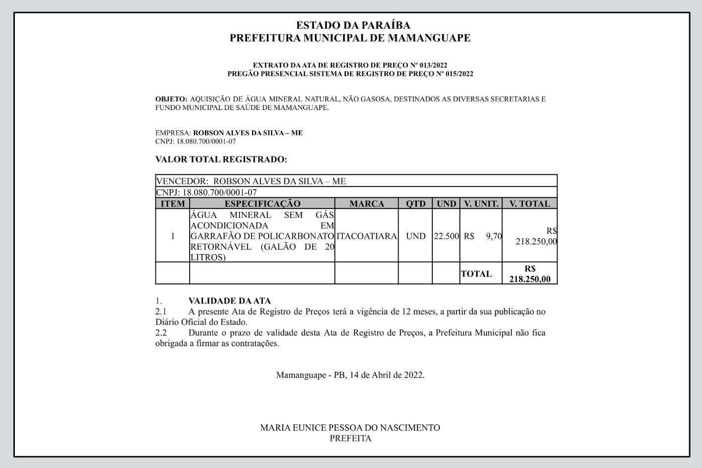 PREFEITURA MUNICIPAL DE MAMANGUAPE – EXTRATO DA ATA DE REGISTRO DE PREÇO Nº 013/2022 – PREGÃO PRESENCIAL SISTEMA DE REGISTRO DE PREÇO Nº 015/2022
