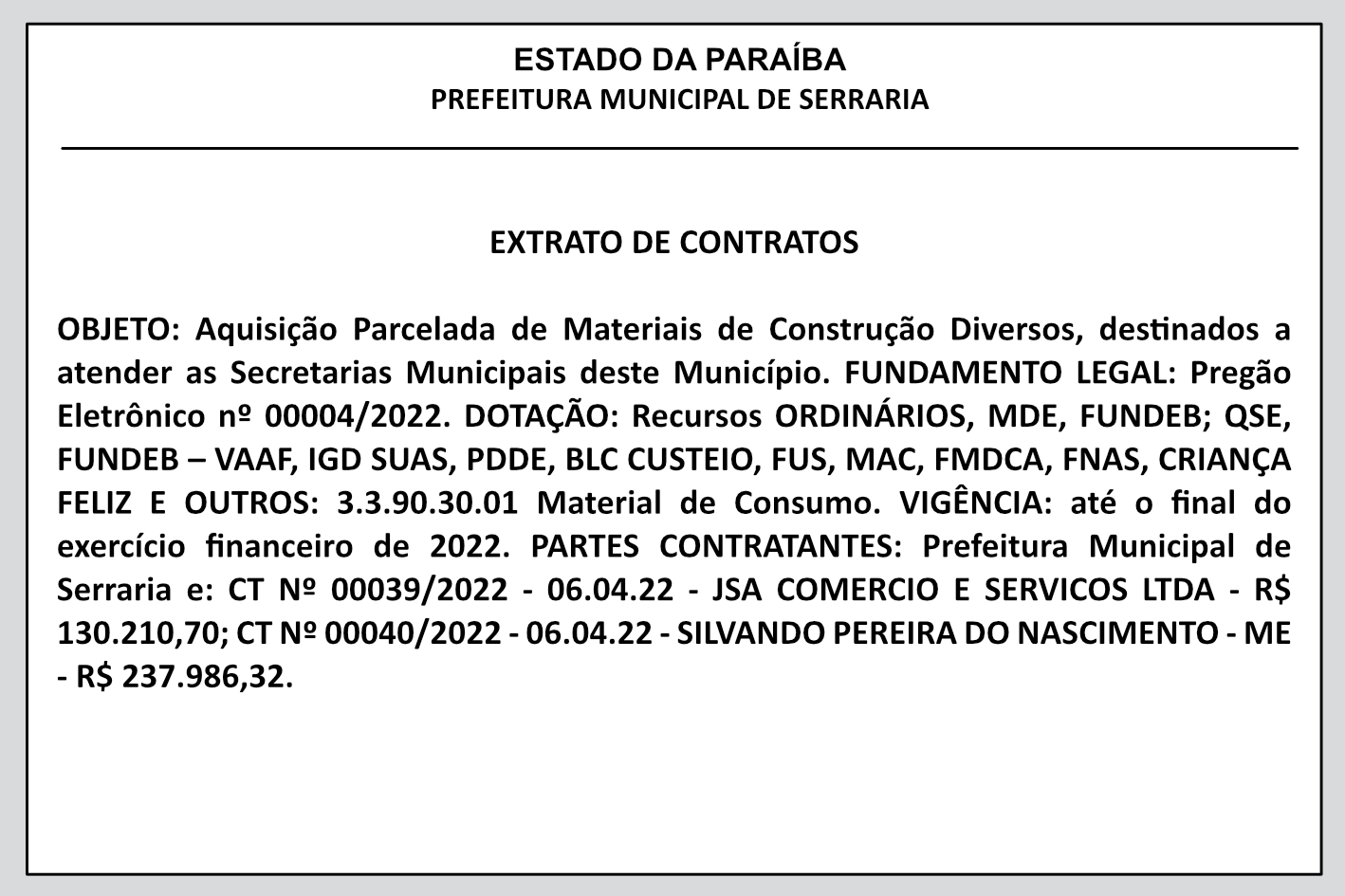 PREFEITURA MUNICIPAL DE SERRARIA – EXTRATO DE CONTRATOS