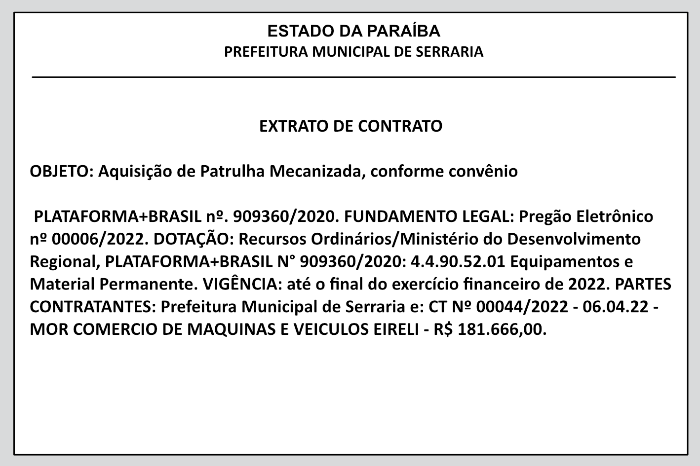 PREFEITURA MUNICIPAL DE SERRARIA – EXTRATO DE CONTRATO