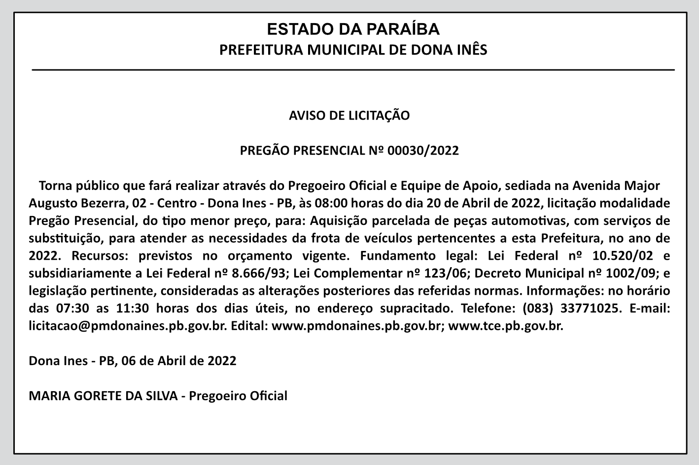 PREFEITURA MUNICIPAL DE DONA INÊS – AVISO DE LICITAÇÃO – PREGÃO PRESENCIAL Nº 00030/2022