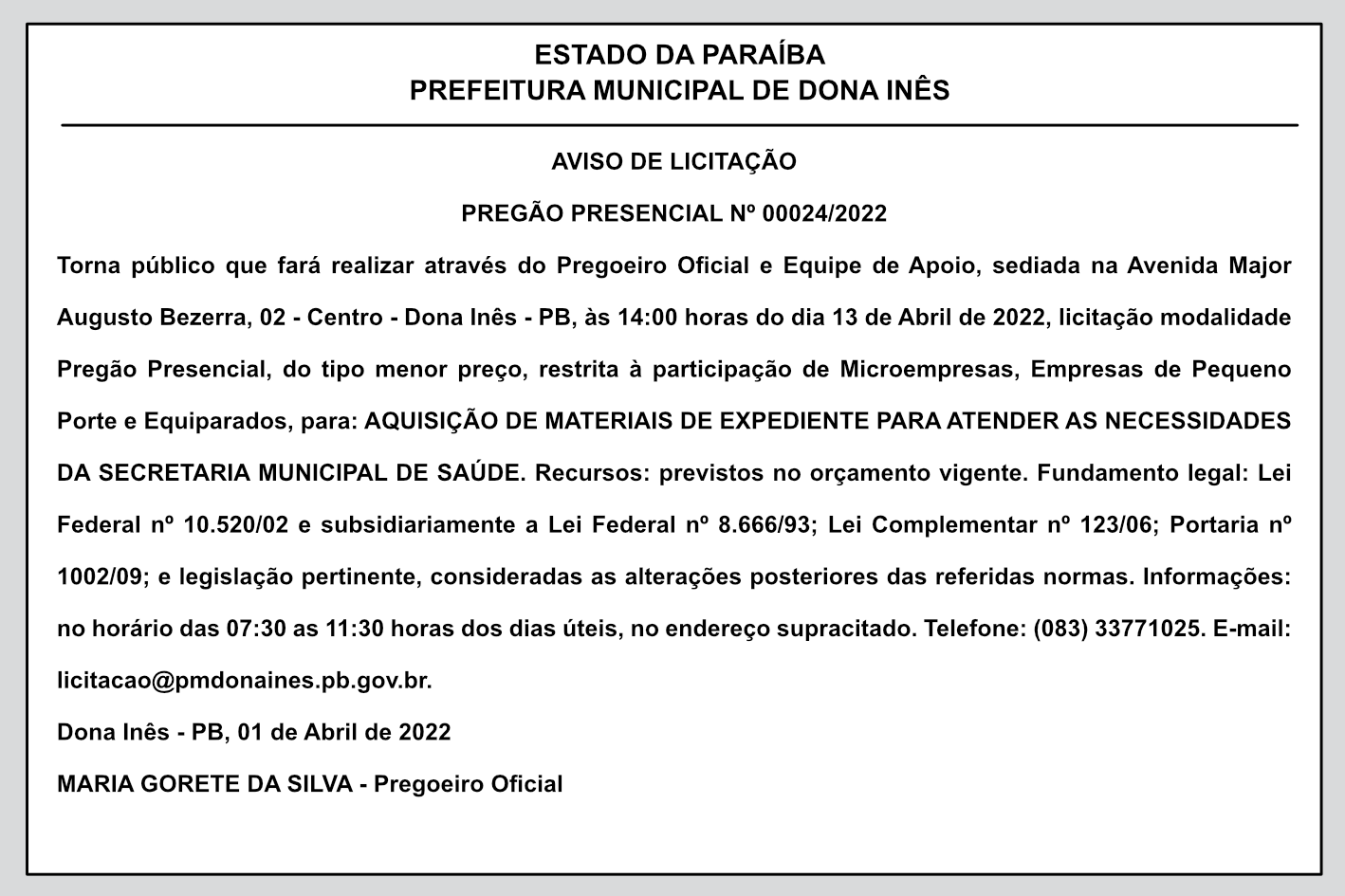 FUNDO MUNICIPAL DE SAÚDE DE DONA INÊS – AVISO DE LICITAÇÃO – PREGÃO PRESENCIAL Nº 00024/2022