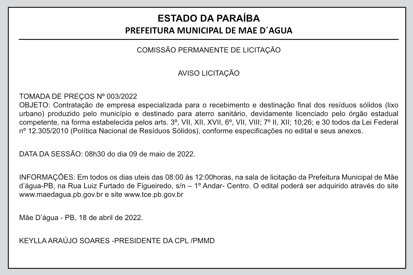 PREFEITURA MUNICIPAL DE MÃE D’ÁGUA – AVISO LICITAÇÃO – TOMADA DE PREÇOS Nº 003/2022