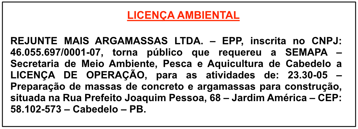 REJUNTE MAIS ARGAMASSAS LTDA – EPP – LICENÇA AMBIENTAL