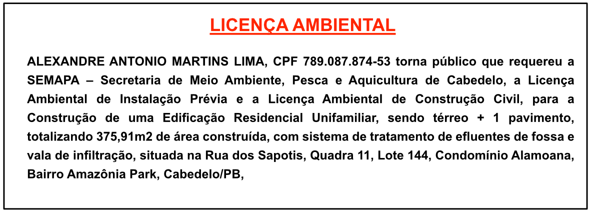 ALEXANDRE ANTONIO MARTINS LIMA – LICENÇA AMBIENTAL