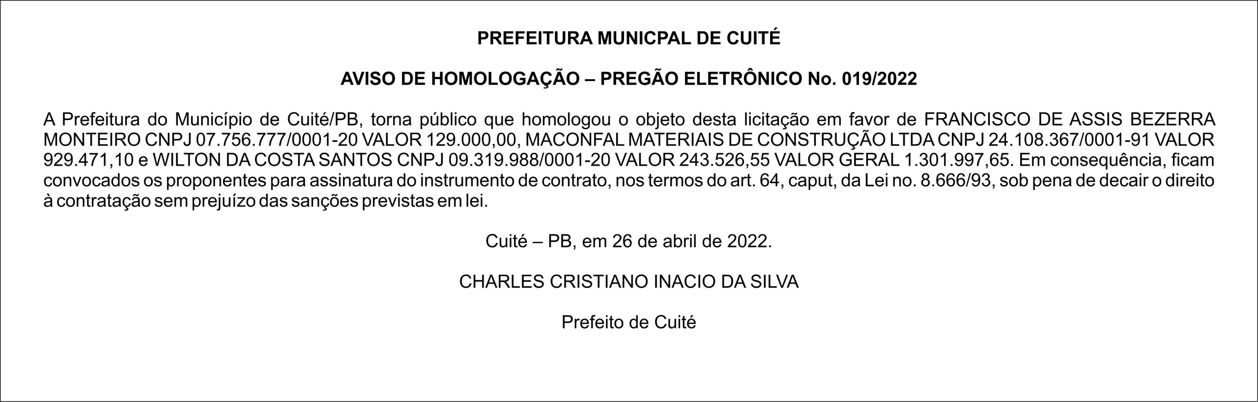 PREFEITURA MUNICPAL DE CUITÉ – AVISO DE HOMOLOGAÇÃO – PREGÃO ELETRÔNICO Nº 019/2022