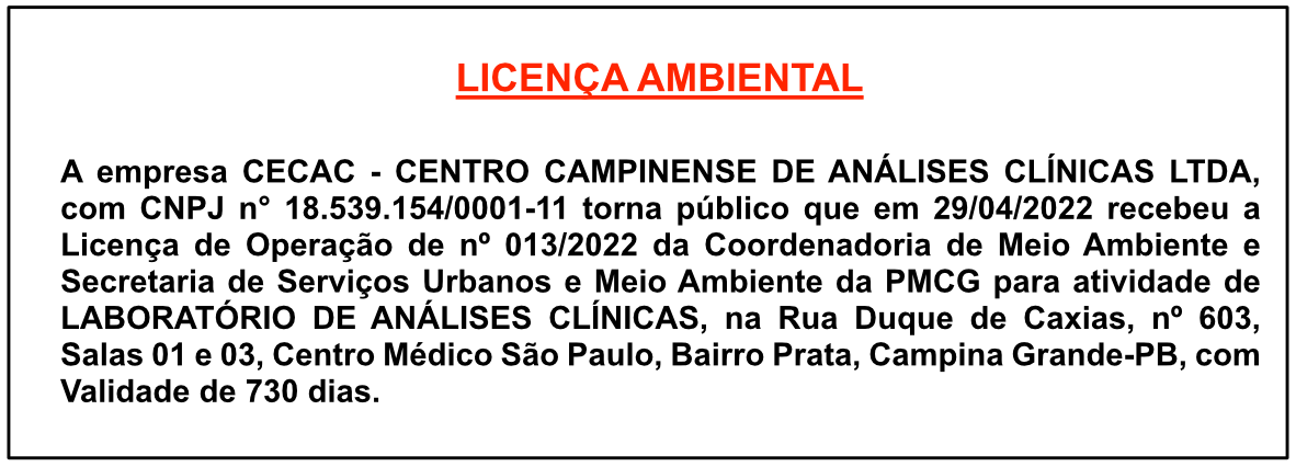CECAC – CENTRO CAMPINENSE DE ANÁLISES CLÍNICAS LTDA – LICENÇA AMBIENTAL