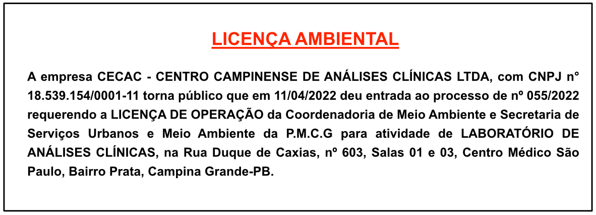 CECAC – CENTRO CAMPINENSE DE ANÁLISES CLÍNICAS LTDA – LICENÇA AMBIENTAL