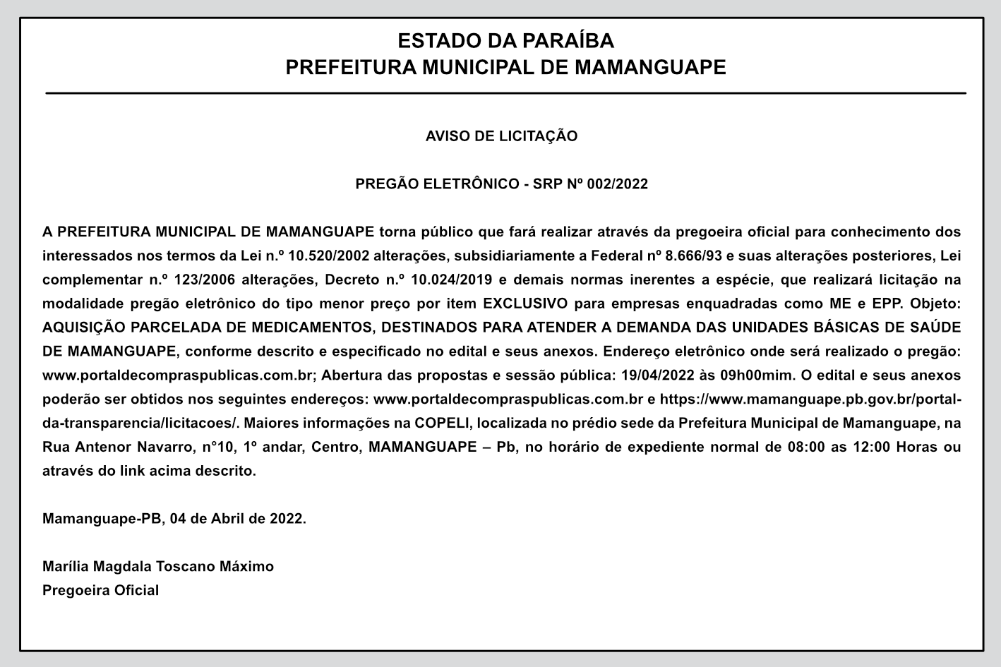 PREFEITURA MUNICIPAL DE MAMANGUAPE – AVISO DE LICITAÇÃO – PREGÃO ELETRÔNICO-SRP Nº 002/2022