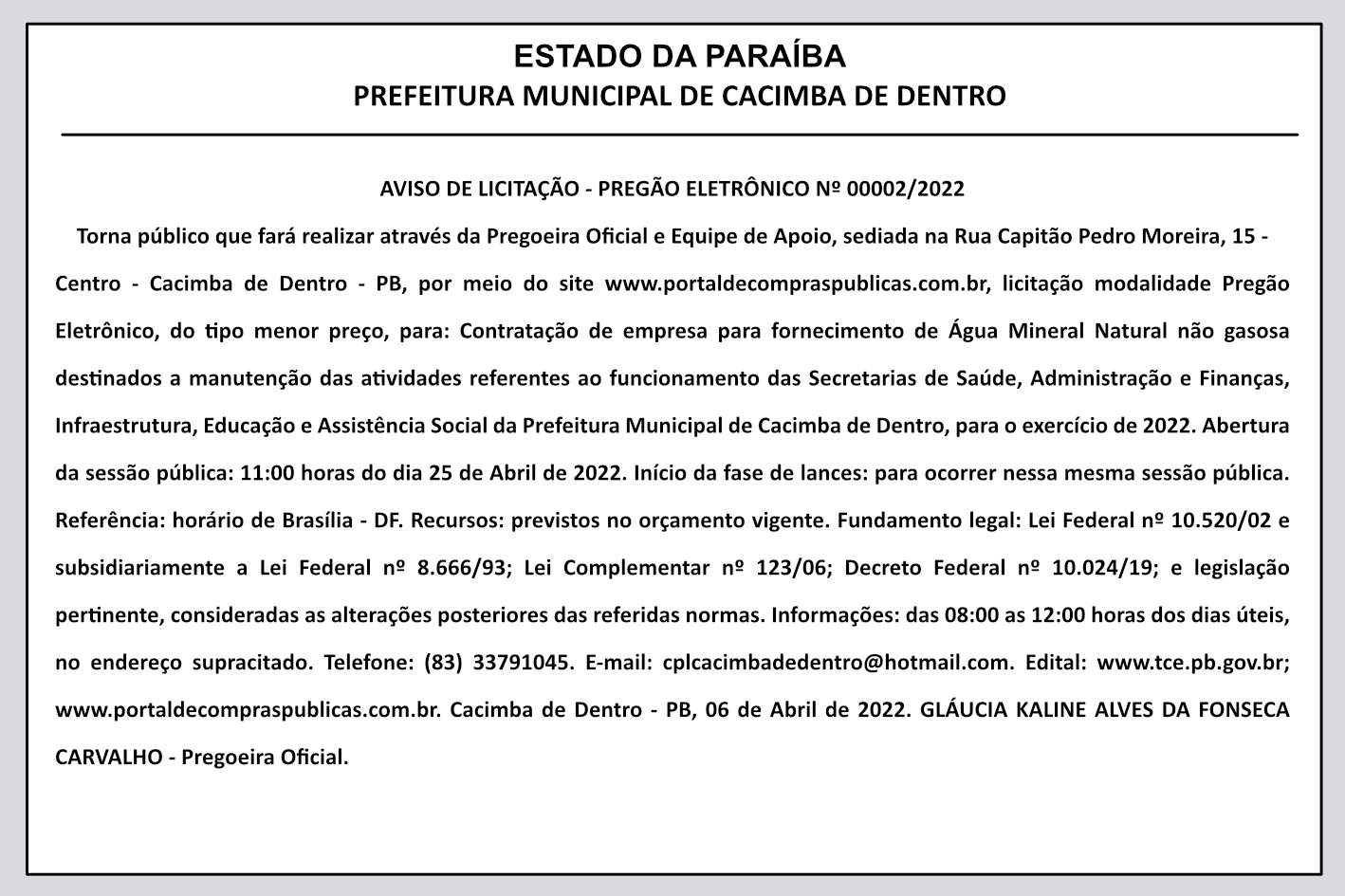 PREFEITURA MUNICIPAL DE CACIMBA DE DENTRO – AVISO DE LICITAÇÃO – PREGÃO ELETRÔNICO Nº 00002/2022