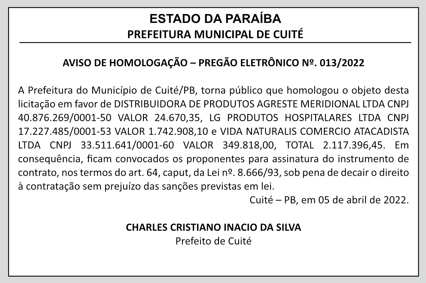 PREFEITURA MUNICIPAL DE CUITÉ – AVISO DE HOMOLOGAÇÃO – PREGÃO ELETRÔNICO Nº 013/2022