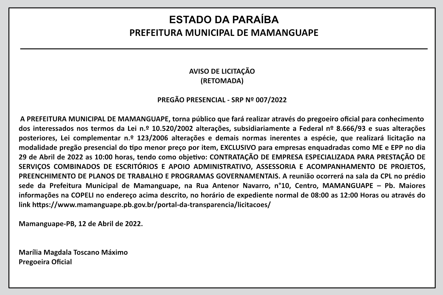 PREFEITURA MUNICIPAL DE MAMANGUAPE – AVISO DE LICITAÇÃO (RETOMADA) – PREGÃO PRESENCIAL-SRP Nº 007/2022