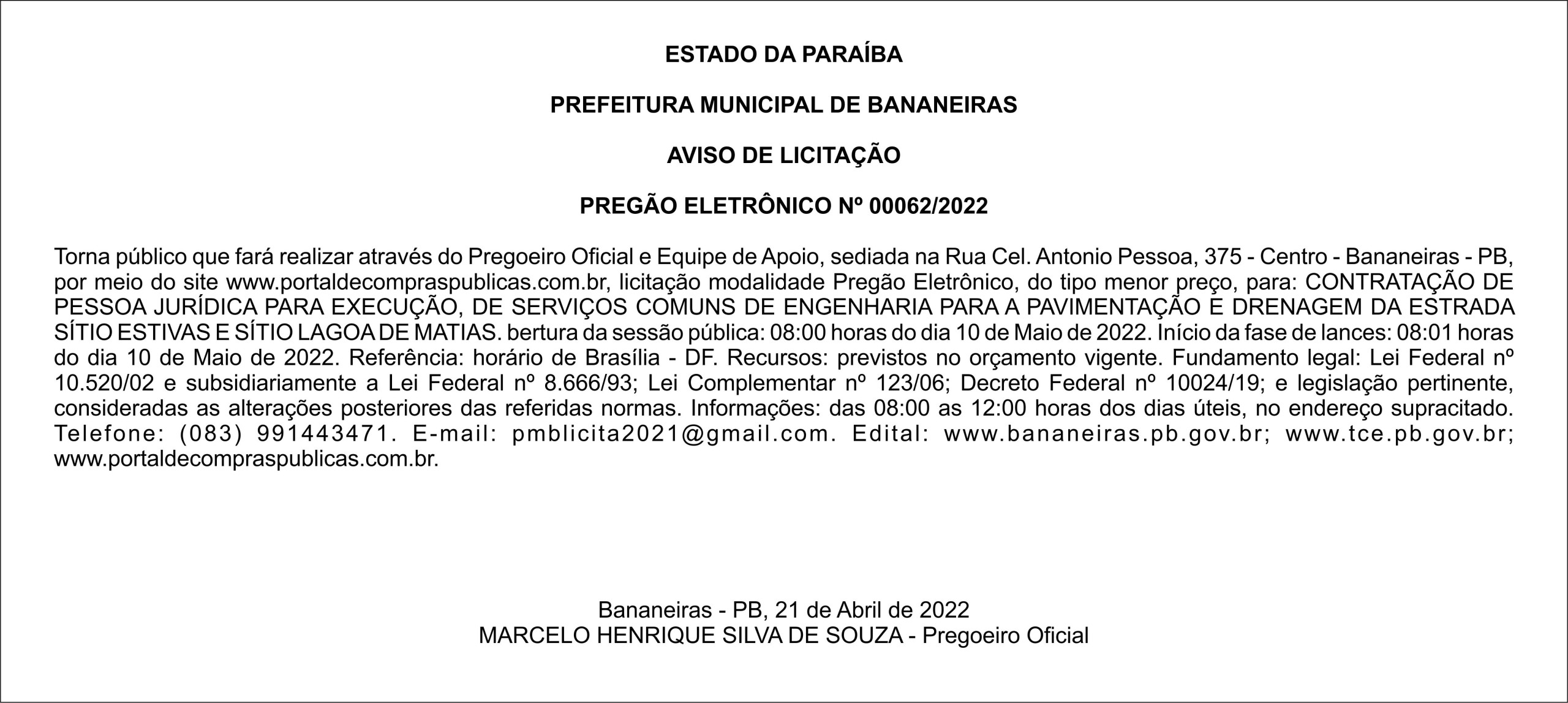 PREFEITURA MUNICIPAL DE BANANEIRAS – AVISO DE LICITAÇÃO – PREGÃO ELETRÔNICO Nº 00062/2022