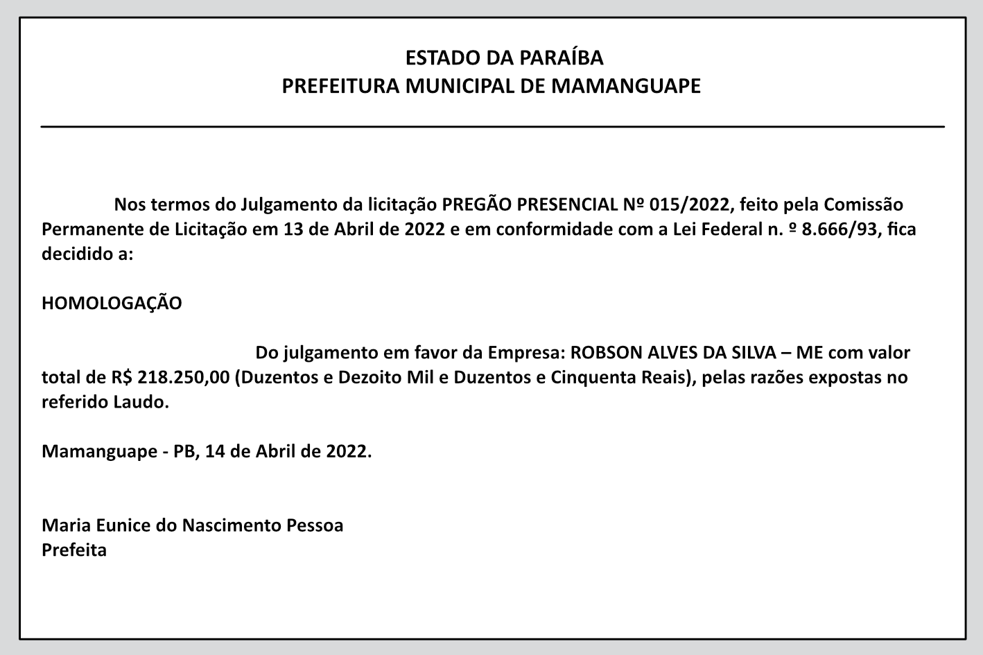 PREFEITURA MUNICIPAL DE MAMANGUAPE – HOMOLOGAÇÃO