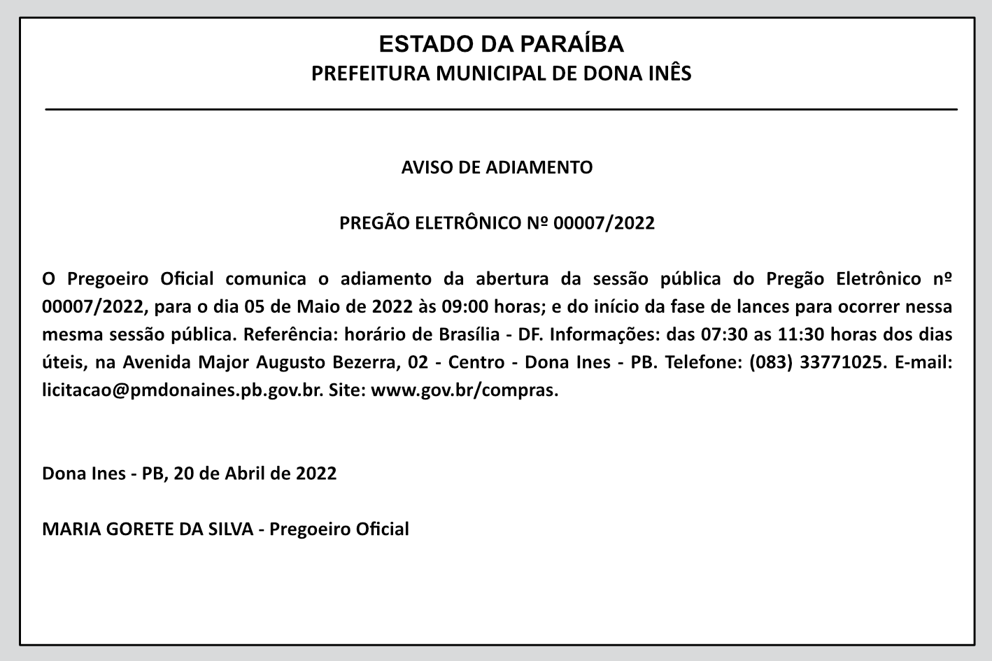PREFEITURA MUNICIPAL DE DONA INÊS – AVISO DE ADIAMENTO – PREGÃO ELETRÔNICO Nº 00007/2022