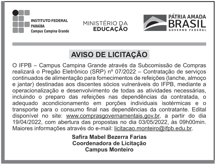 IFPB – PB – CAMPUS MONTEIRO – AVISO DE LICITAÇÃO (Pregão Eletrônico (SRP) nº 07/2022)
