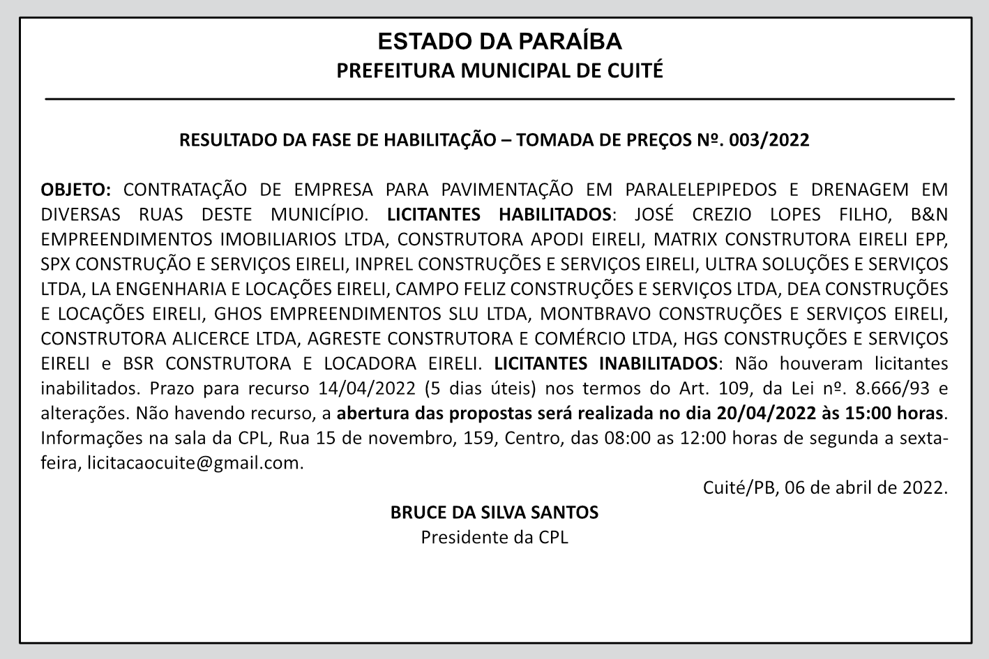 PREFEITURA MUNICIPAL DE CUITÉ – RESULTADO DA FASE DE HABILITAÇÃO – TOMADA DE PREÇOS Nº 003/2022