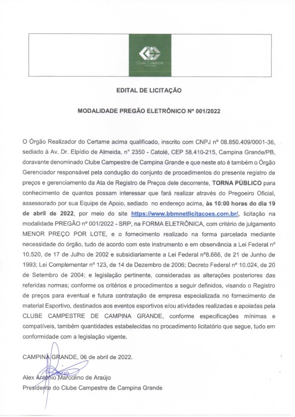 CLUBE CAMPESTRE – EDITAL DE LICITAÇÃO – PREGÃO ELETRÔNICO Nº 001/2022