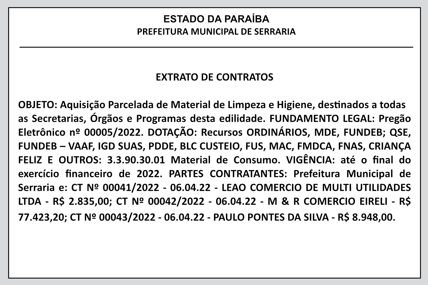PREFEITURA MUNICIPAL DE SERRARIA – EXTRATO DE CONTRATOS