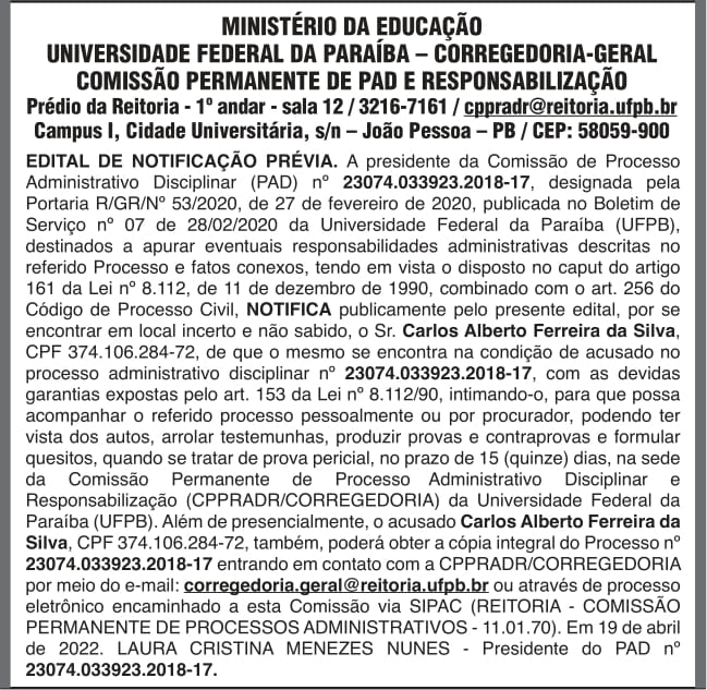 UFPB – EDITAL DE NOTIFICAÇÃO PRÉVIA