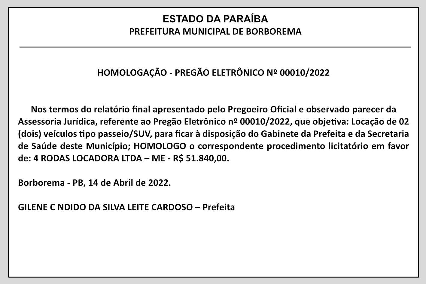 PREFEITURA MUNICIPAL DE BORBOREMA – HOMOLOGAÇÃO – PREGÃO ELETRÔNICO Nº 00010/2022