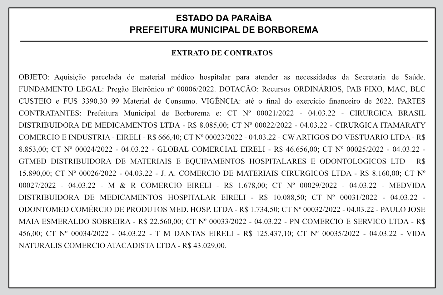 PREFEITURA MUNICIPAL DE BORBOREMA – EXTRATO DE CONTRATOS